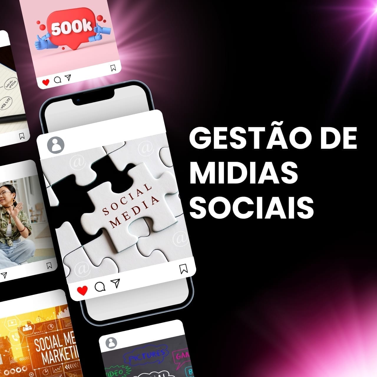 Gestão de mídias sociais para aumentar engajamento e atrair clientes, com conteúdo estratégico e branding digital.
